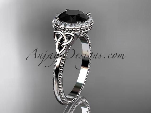 14kt white gold diamond celtic trinity knot wedding ring, engagement ring with a Black Diamond center stone CT7157 - AnjaysDesigns