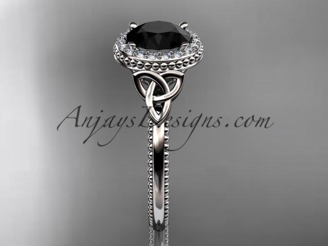 14kt white gold diamond celtic trinity knot wedding ring, engagement ring with a Black Diamond center stone CT7157 - AnjaysDesigns