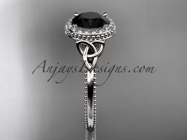 platinum diamond celtic trinity knot wedding ring, engagement ring with a Black Diamond center stone CT7157 - AnjaysDesigns