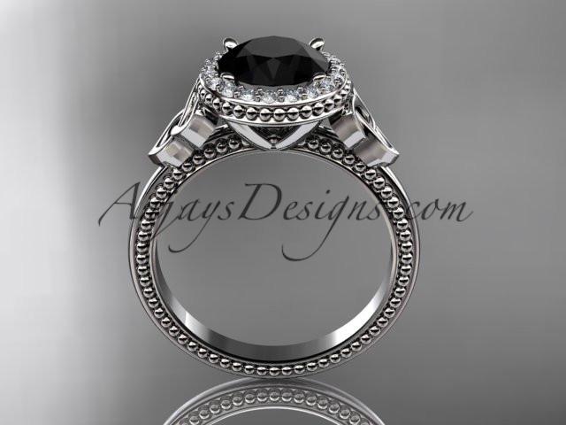 14kt white gold diamond celtic trinity knot wedding ring, engagement ring with a Black Diamond center stone CT7157 - AnjaysDesigns