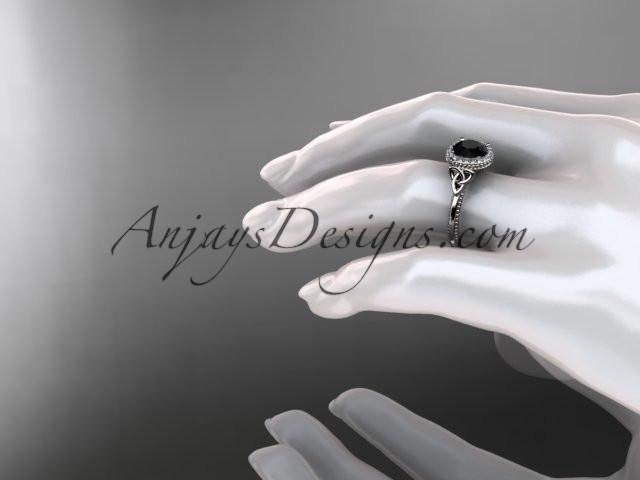 14kt white gold diamond celtic trinity knot wedding ring, engagement ring with a Black Diamond center stone CT7157 - AnjaysDesigns