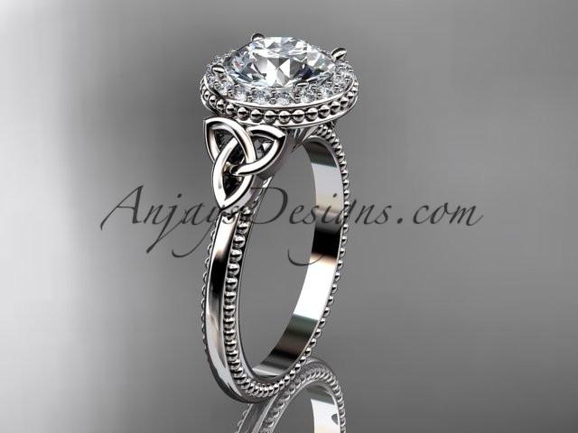 platinum diamond celtic trinity knot wedding ring, engagement ring with a "Forever One" Moissanite center stone CT7157 - AnjaysDesigns