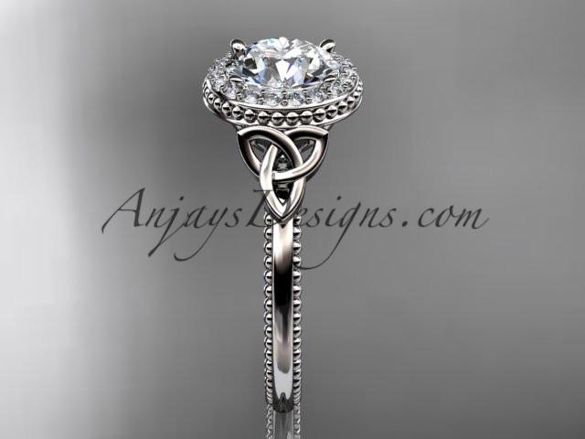 14kt white gold diamond celtic trinity knot wedding ring, engagement ring with a "Forever One" Moissanite center stone CT7157 - AnjaysDesigns