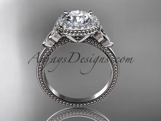 platinum diamond celtic trinity knot wedding ring, engagement ring with a "Forever One" Moissanite center stone CT7157 - AnjaysDesigns