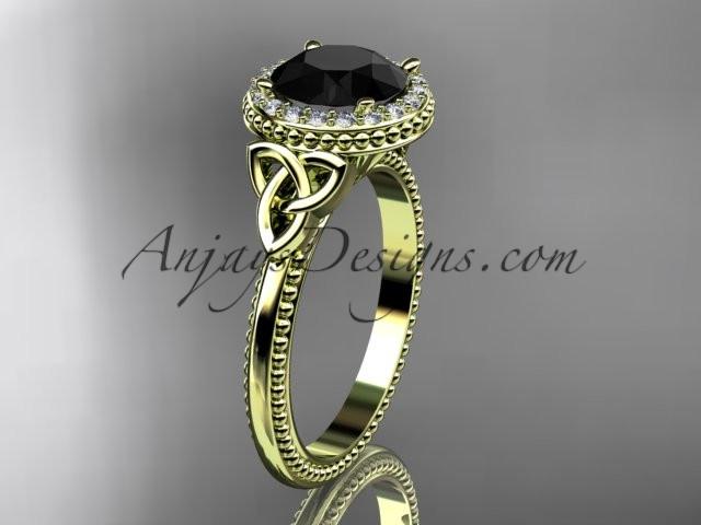 14kt yellow gold diamond celtic trinity knot wedding ring, engagement ring with a Black Diamond center stone CT7157 - AnjaysDesigns