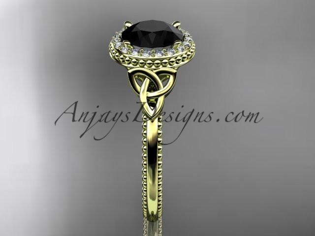 14kt yellow gold diamond celtic trinity knot wedding ring, engagement ring with a Black Diamond center stone CT7157 - AnjaysDesigns