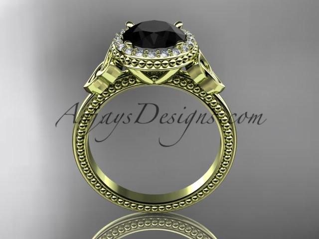 14kt yellow gold diamond celtic trinity knot wedding ring, engagement ring with a Black Diamond center stone CT7157 - AnjaysDesigns