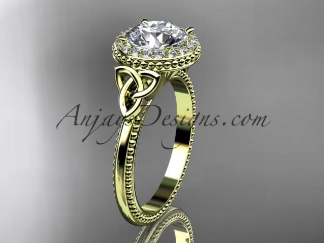 14kt yellow gold diamond celtic trinity knot wedding ring, engagement ring with a "Forever One" Moissanite center stone CT7157 - AnjaysDesigns