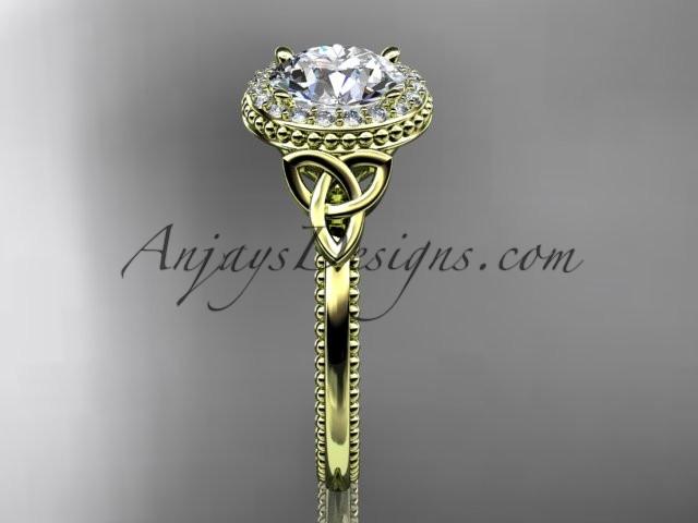 14kt yellow gold diamond celtic trinity knot wedding ring, engagement ring with a "Forever One" Moissanite center stone CT7157 - AnjaysDesigns