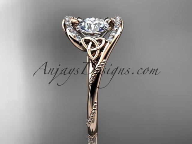 14kt rose gold diamond celtic trinity knot wedding ring, engagement ring with a "Forever One" Moissanite center stone CT7166 - AnjaysDesigns