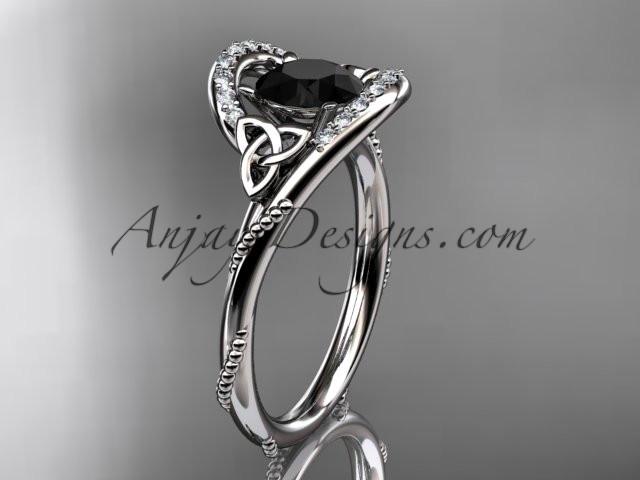 14kt white gold diamond celtic trinity knot wedding ring, engagement ring with a Black Diamond center stone CT7166 - AnjaysDesigns