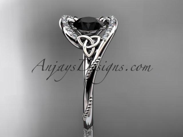 14kt white gold diamond celtic trinity knot wedding ring, engagement ring with a Black Diamond center stone CT7166 - AnjaysDesigns