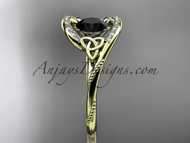 14kt yellow gold diamond celtic trinity knot wedding ring, engagement ring with a Black Diamond center stone CT7166 - AnjaysDesigns