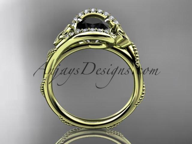 14kt yellow gold diamond celtic trinity knot wedding ring, engagement ring with a Black Diamond center stone CT7166 - AnjaysDesigns