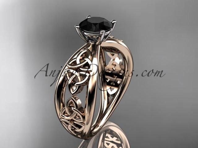 14kt rose gold diamond celtic trinity knot wedding ring, engagement ring with a Black Diamond center stone CT7171 - AnjaysDesigns