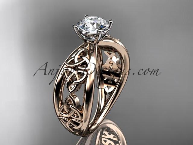 14kt rose gold diamond celtic trinity knot wedding ring, engagement ring with a "Forever One" Moissanite center stone CT7171 - AnjaysDesigns
