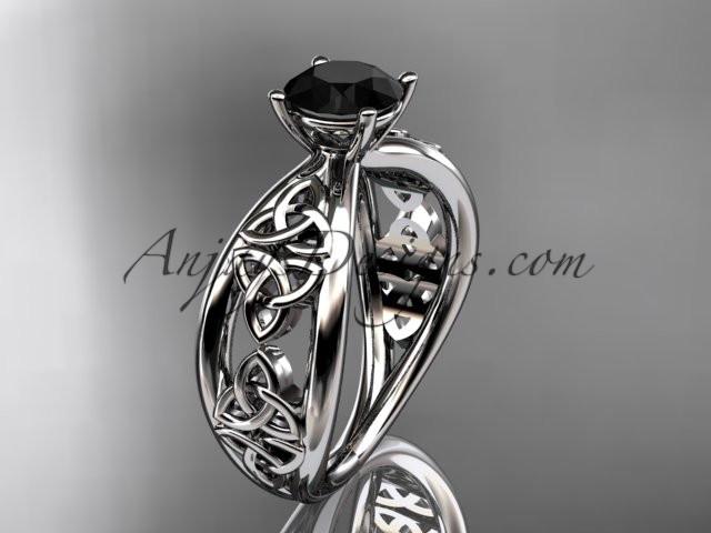 14kt white gold diamond celtic trinity knot wedding ring, engagement ring with a Black Diamond center stone CT7171 - AnjaysDesigns
