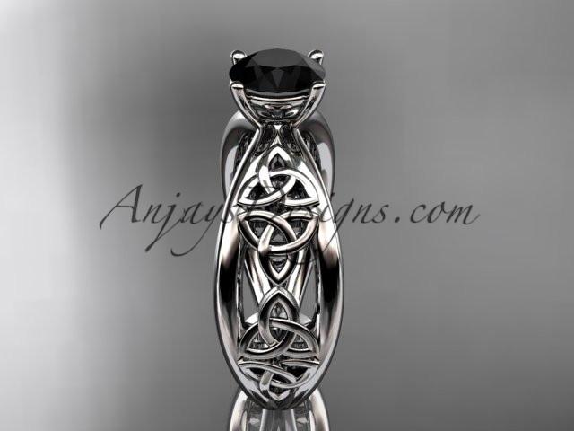 14kt white gold diamond celtic trinity knot wedding ring, engagement ring with a Black Diamond center stone CT7171 - AnjaysDesigns