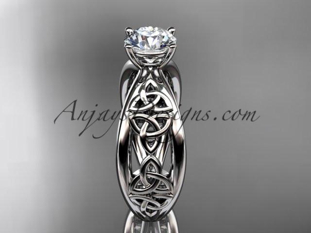 14kt white gold diamond celtic trinity knot wedding ring, engagement ring with a "Forever One" Moissanite center stone CT7171 - AnjaysDesigns