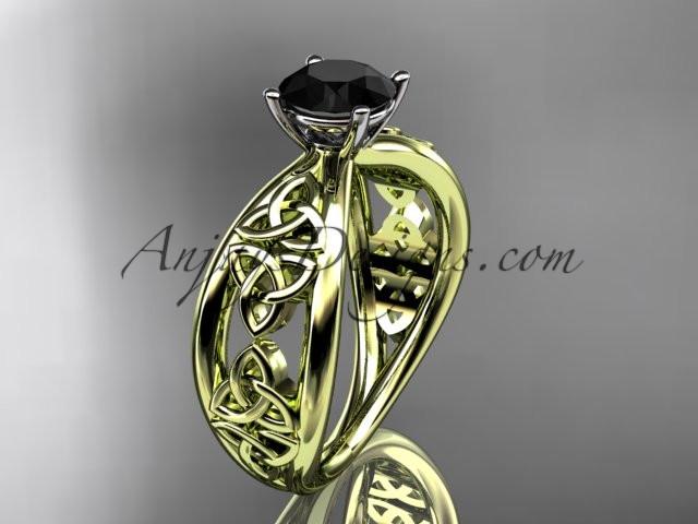 14kt yellow gold diamond celtic trinity knot wedding ring, engagement ring with a Black Diamond center stone CT7171 - AnjaysDesigns