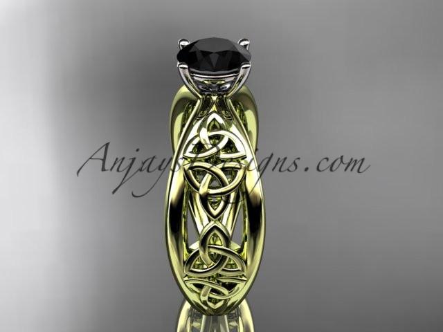 14kt yellow gold diamond celtic trinity knot wedding ring, engagement ring with a Black Diamond center stone CT7171 - AnjaysDesigns