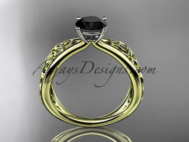 14kt yellow gold diamond celtic trinity knot wedding ring, engagement ring with a Black Diamond center stone CT7171 - AnjaysDesigns