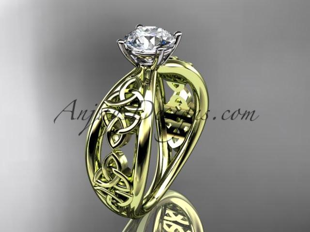 14kt yellow gold diamond celtic trinity knot wedding ring, engagement ring with a "Forever One" Moissanite center stone CT7171 - AnjaysDesigns