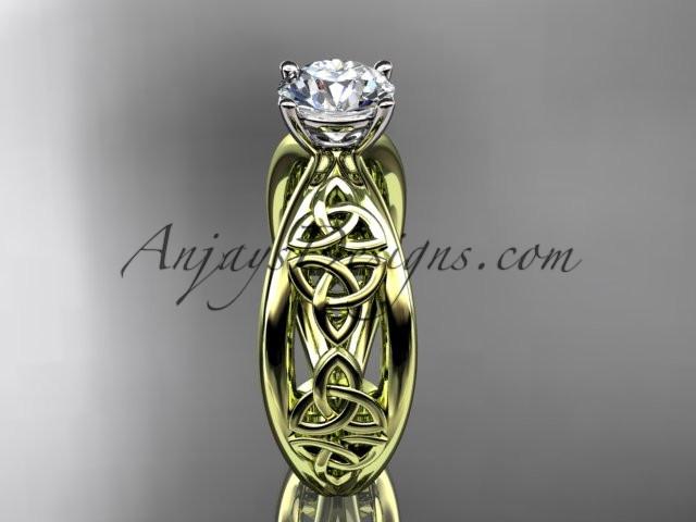 14kt yellow gold diamond celtic trinity knot wedding ring, engagement ring with a "Forever One" Moissanite center stone CT7171 - AnjaysDesigns