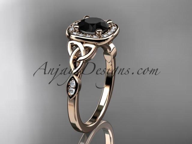 14kt rose gold diamond celtic trinity knot wedding ring, engagement ring with a Black Diamond center stone CT7179 - AnjaysDesigns