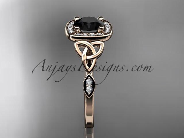 14kt rose gold diamond celtic trinity knot wedding ring, engagement ring with a Black Diamond center stone CT7179 - AnjaysDesigns