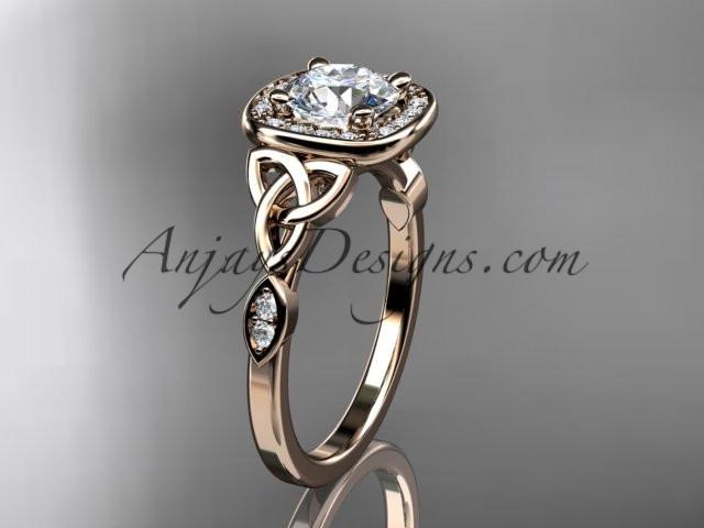 14kt rose gold diamond celtic trinity knot wedding ring, engagement ring with a "Forever One" Moissanite center stone CT7179 - AnjaysDesigns
