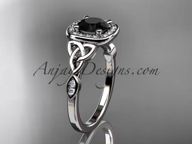 platinum diamond celtic trinity knot wedding ring, engagement ring with a Black Diamond center stone CT7179 - AnjaysDesigns