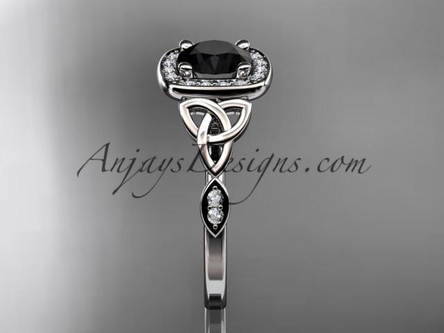 platinum diamond celtic trinity knot wedding ring, engagement ring with a Black Diamond center stone CT7179 - AnjaysDesigns