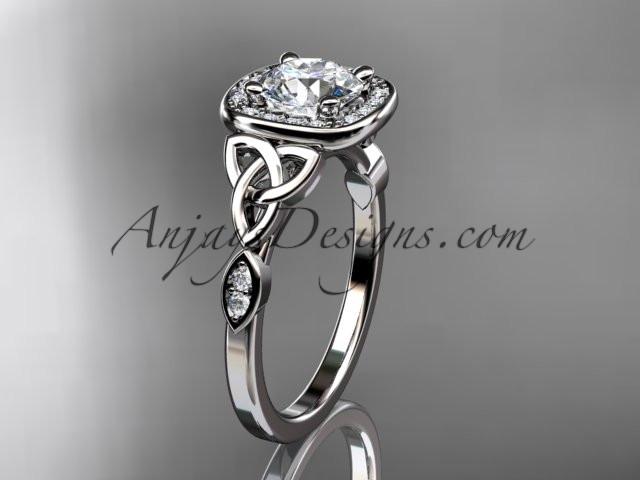 14kt white gold diamond celtic trinity knot wedding ring, engagement ring with a "Forever One" Moissanite center stone CT7179 - AnjaysDesigns