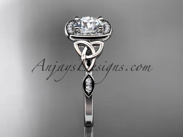 14kt white gold diamond celtic trinity knot wedding ring, engagement ring with a "Forever One" Moissanite center stone CT7179 - AnjaysDesigns