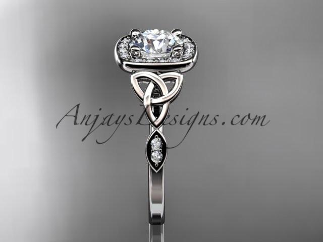 platinum diamond celtic trinity knot wedding ring, engagement ring with a "Forever One" Moissanite center stone CT7179 - AnjaysDesigns