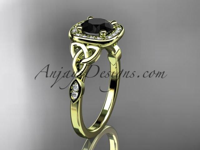 14kt yellow gold diamond celtic trinity knot wedding ring, engagement ring with a Black Diamond center stone CT7179 - AnjaysDesigns