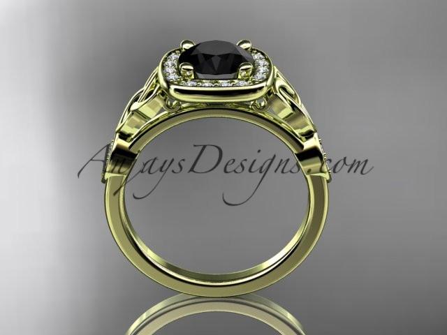 14kt yellow gold diamond celtic trinity knot wedding ring, engagement ring with a Black Diamond center stone CT7179 - AnjaysDesigns