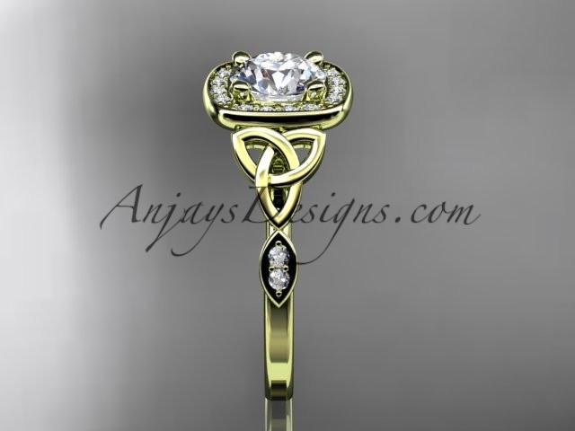 14kt yellow gold diamond celtic trinity knot wedding ring, engagement ring with a "Forever One" Moissanite center stone CT7179 - AnjaysDesigns