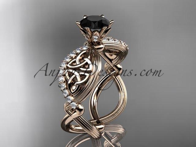 14kt rose gold diamond celtic trinity knot wedding ring, engagement ring with a Black Diamond center stone CT7192 - AnjaysDesigns