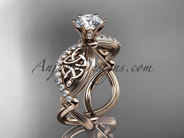 14kt rose gold diamond celtic trinity knot wedding ring, engagement ring with a "Forever One" Moissanite center stone CT7192 - AnjaysDesigns