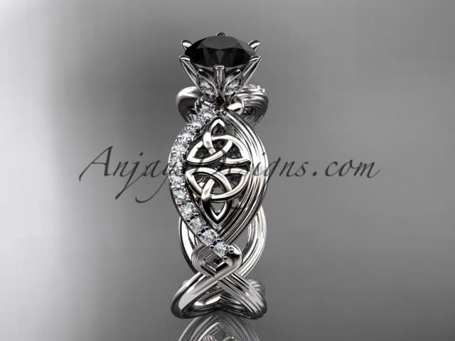 14kt white gold diamond celtic trinity knot wedding ring, engagement ring with a Black Diamond center stone CT7192 - AnjaysDesigns