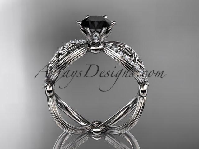 14kt white gold diamond celtic trinity knot wedding ring, engagement ring with a Black Diamond center stone CT7192 - AnjaysDesigns