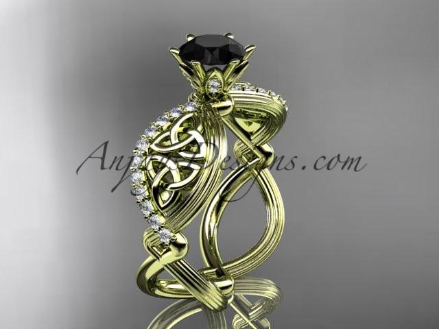 14kt yellow gold diamond celtic trinity knot wedding ring, engagement ring with a Black Diamond center stone CT7192 - AnjaysDesigns