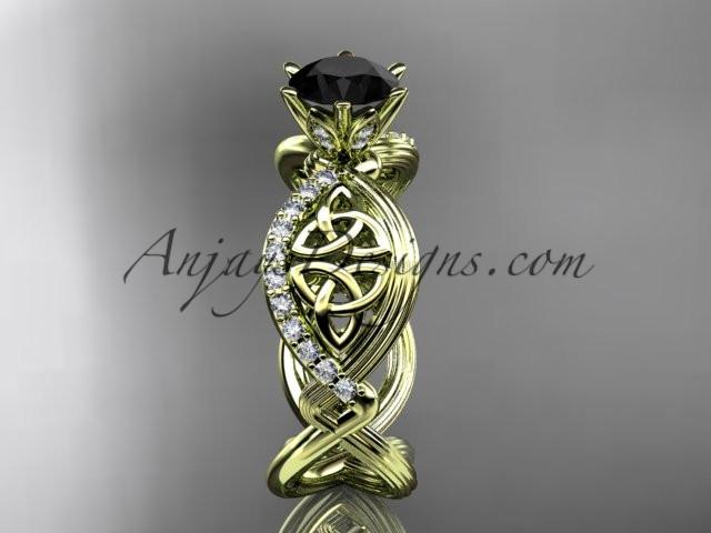 14kt yellow gold diamond celtic trinity knot wedding ring, engagement ring with a Black Diamond center stone CT7192 - AnjaysDesigns