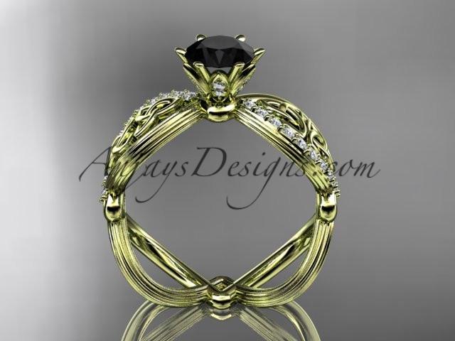 14kt yellow gold diamond celtic trinity knot wedding ring, engagement ring with a Black Diamond center stone CT7192 - AnjaysDesigns