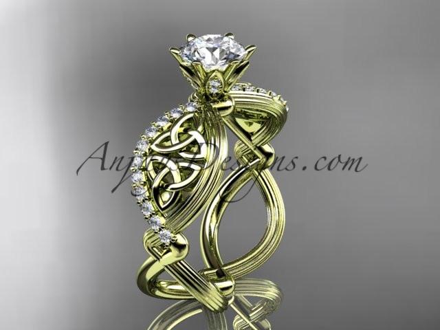 14kt yellow gold diamond celtic trinity knot wedding ring, engagement ring with a "Forever One" Moissanite center stone CT7192 - AnjaysDesigns
