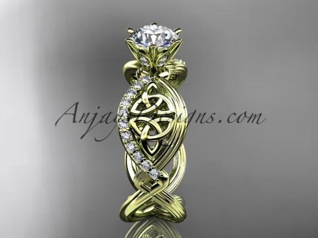 14kt yellow gold diamond celtic trinity knot wedding ring, engagement ring with a "Forever One" Moissanite center stone CT7192 - AnjaysDesigns