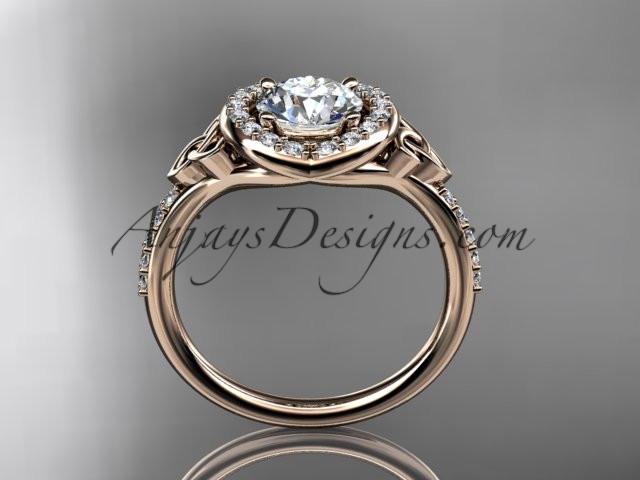 14kt rose gold diamond celtic trinity knot wedding ring, engagement ring with a "Forever One" Moissanite center stone CT7201 - AnjaysDesigns