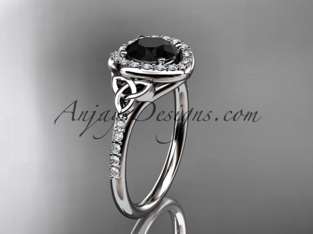 14kt white gold diamond celtic trinity knot wedding ring, engagement ring with a Black Diamond center stone CT7201 - AnjaysDesigns